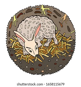 Vector design elements. Cute child's drawing of a gray rabbit lies on a straw in a hole underground.