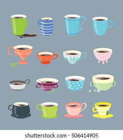 Vector design elements of the different coffee cups. Different  sizes and shapes of the mugs arranged on the gray background.
Modern colors and flat design.