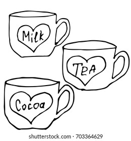 Vector design elements of the different coffee cups. Different  sizes and shapes of the mugs .
Modern colors and flat design.