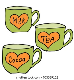 Vector design elements of the different coffee cups. Different  sizes and shapes of the mugs .
Modern colors and flat design.