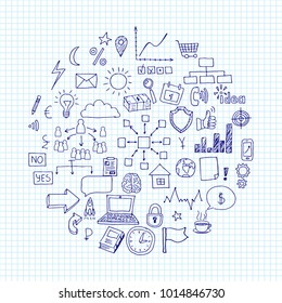 Vector design elements drawn by a pen on a notebook sheet. Theme of business and finance.