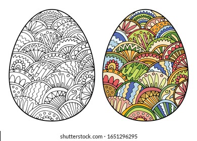 Vector design elements for easter coloring book, page. Colored and black and white illustration. Easy to change color. Painted egg, abstract illustration.