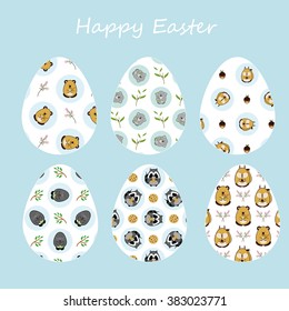 Vector design elements. Flat Easter eggs with cute pictures on blue background. Funny greeting card Happy Easter. Minimalistic style