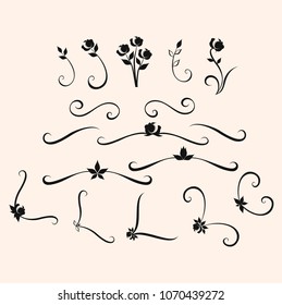 Vector design elements flowers, bouquet of roses, spirals and swirls, corner, divider, in graphic floral style. Decorative design elements and page decoration.