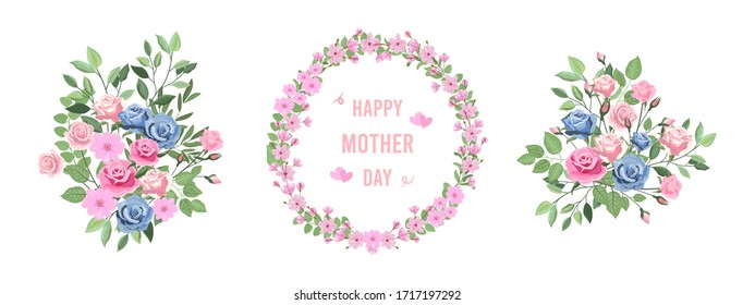 Vector design elements flowers and leaves , Flowers pink rose, blue rose, sakura, Green leaves, Design happy mother day cards, Greeting Card, Poster, wedding card, Invitation card.