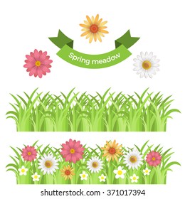 Vector design elements. Green grass and flowers. Vector frames, borders. Vector illustration. Isolated on white background.