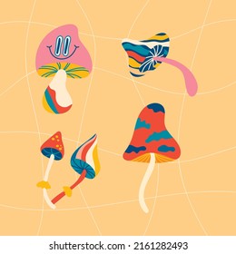 Vector design elements, groovy hippie illustrations, retro-psychedelic of the 70s. A bright funky print with mushrooms, a set of vector drawings in the hippie style. Template for postcards, posters, T