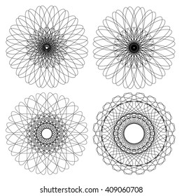 Vector design elements. Guilloche elements for certificate, diploma, voucher, currency and money design.  Geometric fashion pattern. Vector mandala. Set of 4 circular patterns