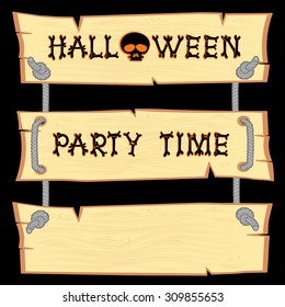 Vector design elements: halloween title with skull on wood billboard on black background