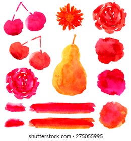 Vector design elements. Hand drawn watercolor shapes and stains set isolated on white. Pear, cherry, rose and daisy silhouettes.