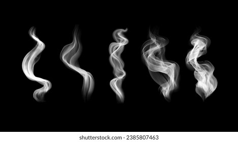 Vector design elements of hookah and cigarette smoke. White realistic steam, vapor on black background