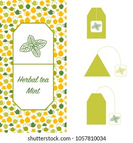 Vector design elements and icons for herbal tea package. Mint tea.