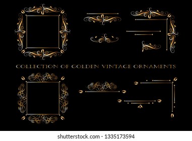 Vector design elements for infographic, web, internet, presentation.Vector design golden ornament elements on a black background for the design of greeting and invitation cards. 
