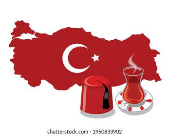 Vector design elements. Isolated on white. Turkey's map, Turkish flag, Turkish traditional hat and a cup of Turkish Tea with Sugar Cubes. Traditional graphic design elements. Isolated Turkey map.