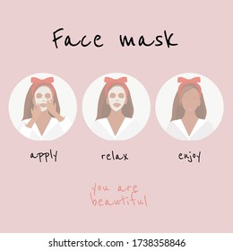 Elementos de diseño vectorial con una chica encantadora, haciendo máscara facial. Diseño sencillo y plano. Color rosa desnudo.