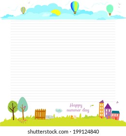 Vector design elements for notebook, diary, organizer and other school template design. Cute and cartoon illustration note papers, ready for your message. Summer, spring, sun, flower, sea, beach.