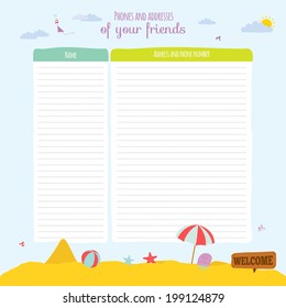 Vector design elements for notebook, diary, organizer and other school template design. Cute and cartoon illustration note papers, ready for your message. Summer, spring, sun, flower, sea, beach.