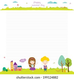 Vector design elements for notebook, diary, organizer and other school template design. Cute and cartoon illustration note papers, ready for your message. Summer, spring, sun, flower, sea, beach.