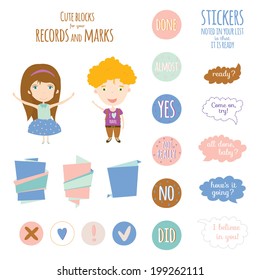 Vector design elements for notebook, diary, stickers and other template design. Cute and cartoon illustration, ready for your message. School accessories. Summer, animals, sun, flower, kids, beach.