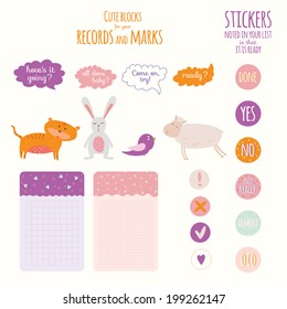 Vector design elements for notebook, diary, stickers and other template design. Cute and cartoon illustration, ready for your message. School accessories. Summer, animals, sun, flower, kids, beach.