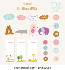 Vector design elements for notebook, diary, stickers and other template design. Cute and cartoon illustration, ready for your message. School accessories. Summer, animals, sun, flower, kids, beach.