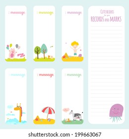 Vector design elements for notebook, diary, stickers and other template design. Cute and cartoon illustration, ready for your message. School accessories. Summer, animals, sun, flower, kids, beach.