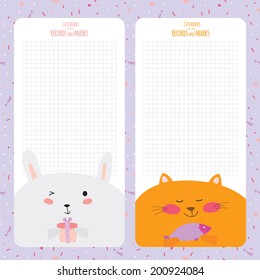Vector design elements for notebook, diary, stickers and other template design. Cute and cartoon illustration, ready for your message. School accessories. Funny happy animals.  Vintage collection.