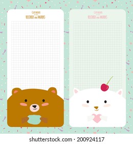 Vector design elements for notebook, diary, stickers and other template design. Cute and cartoon illustration, ready for your message. School accessories. Funny happy animals.  Vintage collection.