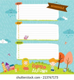 Vector design elements for notebook, diary, organizer and other school template design. Cute and cartoon illustration note papers, ready for your message. Goodbye summer. Hello autumn.