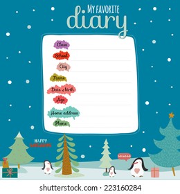 Vector design elements for notebook, diary, organizer and other school template. Winter holiday background with cute happy penguins and colorful gifts on the snow. Merry Christmas!