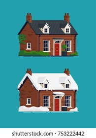 Vector design elements on small brick cottage house in different seasons. Small detached home in summer with green hedges and bushes and in winter with roof covered in snow, snowdrifts and icicles