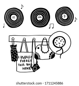 vector design elements on the wall: hanger with bads, hat and camera and music records