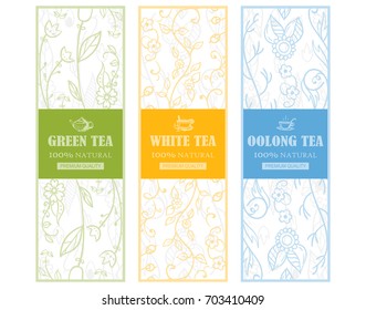 Vector design elements for packages. Backgrounds for green, white, oolong tea. Hand drawn labels, stickers or paper tags for table tent, restaurant menu. Tender green, yellow, blue colors 