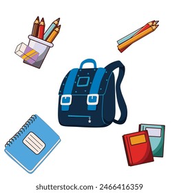 vector design elements of pen, pencil, book and school bag. Vector illustration of back to school concept. EPS10