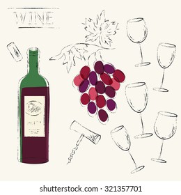 Vector design elements. Red wine glasses, cork, corkscrew and red wine bottle and wine grapes set. Various types of wine glasses. Grungy sketch illustration for wine list, party menu background.