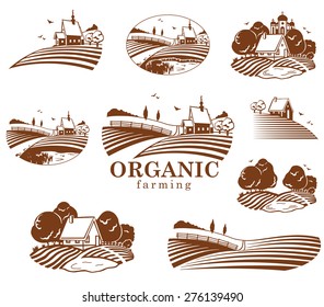 Vector design elements with rural landscapes.