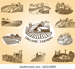 Vector design elements with rural landscapes.