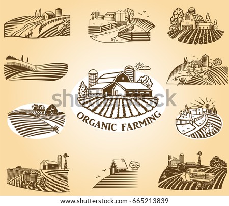 Vector design elements with rural landscapes.