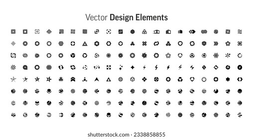 Vector design elements set. Abstract geometric shape silhouettes, black brutalism forms. Modern trendy minimalist basic logo figures, stars, lines, circles, memphis geometric icons. Business logotype.