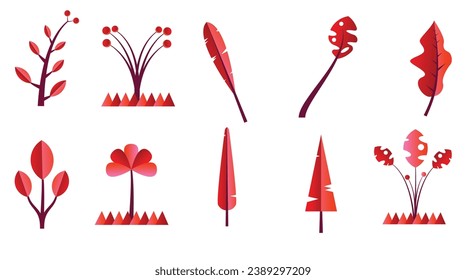 Vector design elements set collection of red jungle ferns, tropical eucalyptus art natural leaf herbal leaves