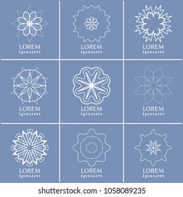 Vector design elements set, round line patterns, logo templates. Monochrome geometric mandala ornaments in trendy linear style for luxury products, organic cosmetics packaging, business cards