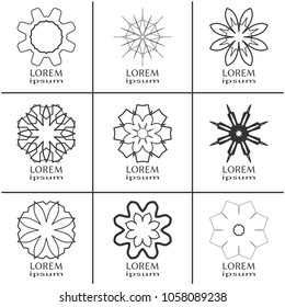 Vector design elements set, round line patterns, logo templates. Monochrome geometric mandala ornaments in trendy linear style for luxury products, organic cosmetics packaging, business cards