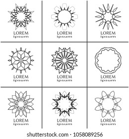 Vector design elements set, round line patterns, logo templates. Monochrome geometric mandala ornaments in trendy linear style for luxury products, organic cosmetics packaging, business cards