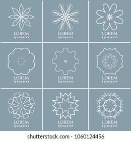 Vector design elements set, round line patterns, logo templates. Monochrome geometric mandala ornaments in trendy linear style for luxury products, organic cosmetics packaging, business cards
