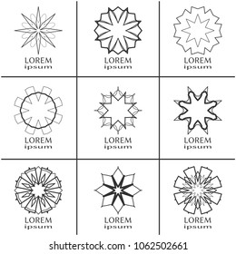 Vector design elements set, round line patterns, logo templates. Monochrome geometric mandala ornaments in trendy linear style for luxury products, organic cosmetics packaging, business cards