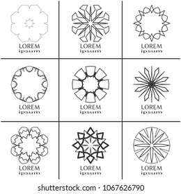 Vector design elements set, round line patterns, logo templates. Monochrome geometric mandala ornaments in trendy linear style for luxury products, organic cosmetics packaging, business cards