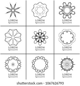 Vector design elements set, round line patterns, logo templates. Monochrome geometric mandala ornaments in trendy linear style for luxury products, organic cosmetics packaging, business cards