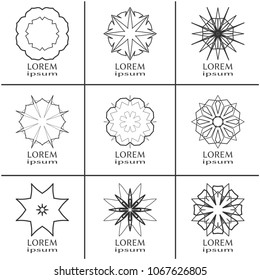 Vector design elements set, round line patterns, logo templates. Monochrome geometric mandala ornaments in trendy linear style for luxury products, organic cosmetics packaging, business cards