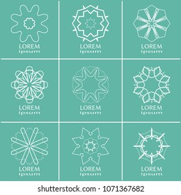 Vector design elements set, round line patterns, logo templates. Monochrome geometric mandala ornaments in trendy linear style for luxury products, organic cosmetics packaging, business cards