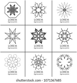 Vector design elements set, round line patterns, logo templates. Monochrome geometric mandala ornaments in trendy linear style for luxury products, organic cosmetics packaging, business cards